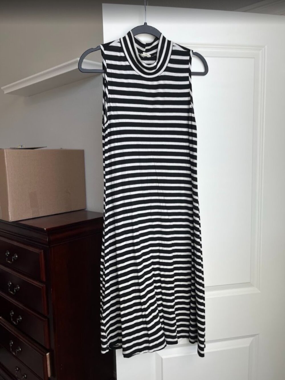 Les Amis Black and White Striped Dress Sz M High Neck